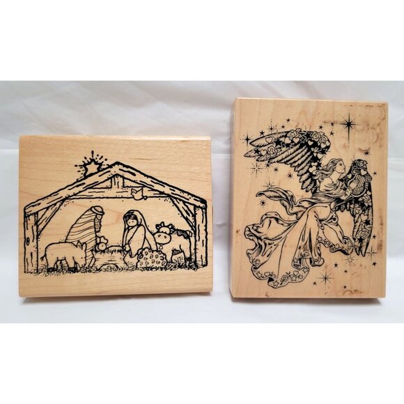 Lot of 4 Vintage Wooden Rubber Stamps Christmas Themes Nativity Angel Sentiments - Picture 3 of 6